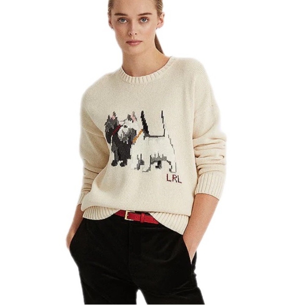 Lauren Ralph Lauren Women Sweater S Cream Scottie Dog Intarsia Knit LRL vintage